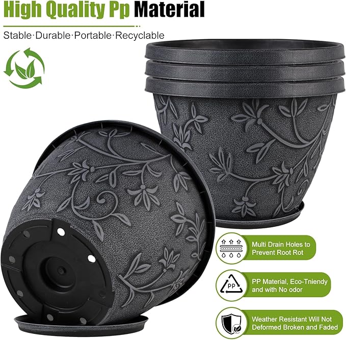 4 Pack 8 Inch Flower Pots for Outdoor Indoor, Plastic Plant Pots - Image 3