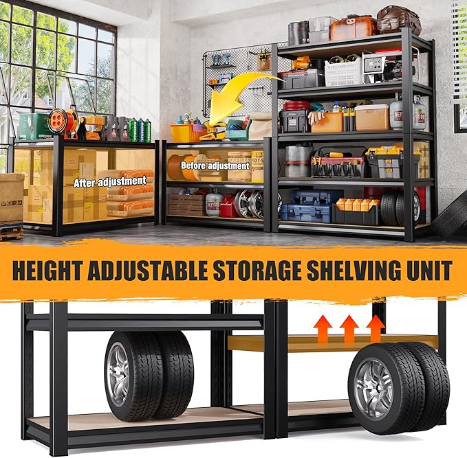 AOAORRG Set of 5 Garage Shelving Heavy Duty Storage Shelves, Metal Adjustable - Image 6