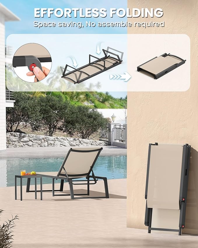 Aluminum Chaise Lounge Chair Outdoor, Foldable & No Assembly Patio Pool Lounge - Image 3