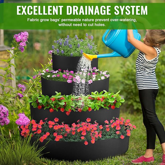 8 Pcs Plant Grow Bags 4 Tiered Strawberry Planter Tower Fabric Raised Garden - Image 4