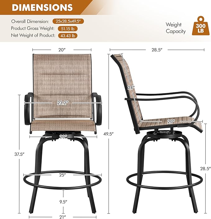 Yaheetech 2 Piece Patio Swivel Bar Stools Texteline Bistro Chairs - Image 3