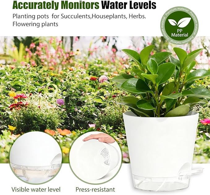 Plant Pots 7 Inch Self Watering Pots, 6 Pack Plastic Planters - Image 7