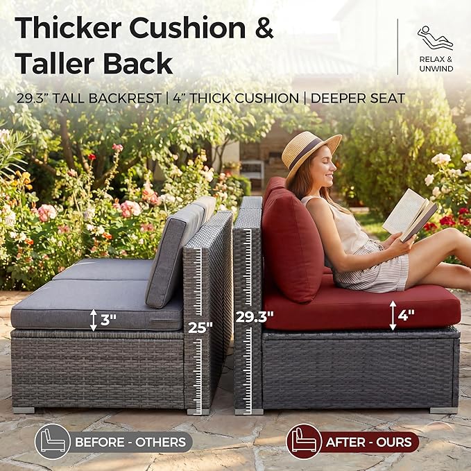 NICESOUL 11 Piece L Shape Patio Furniture Set, 29.3'' High Back Comfy Rattan - Image 6