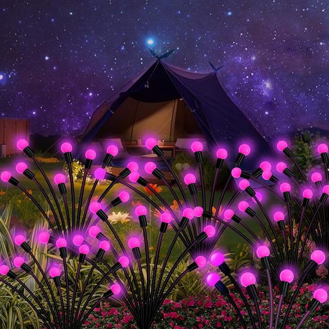 Kohlrabi Solar Garden Lights Outdoor, 2 Pack 20 LED Solar Pink Firefly Lights - Image 5