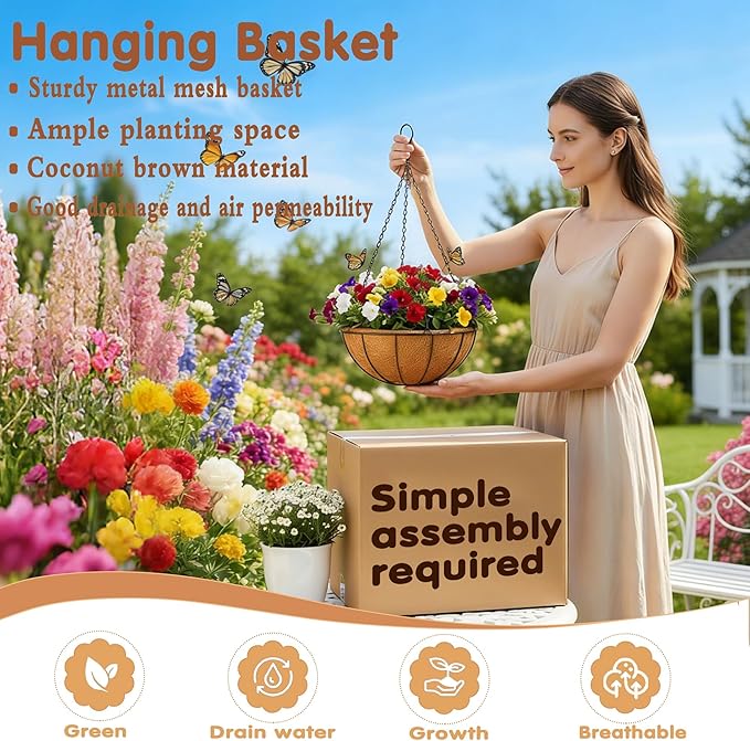 8 inch Metal Hanging Baskets For Plants Outdoor 4 Pack Round Metal Wire Hanging - Image 2