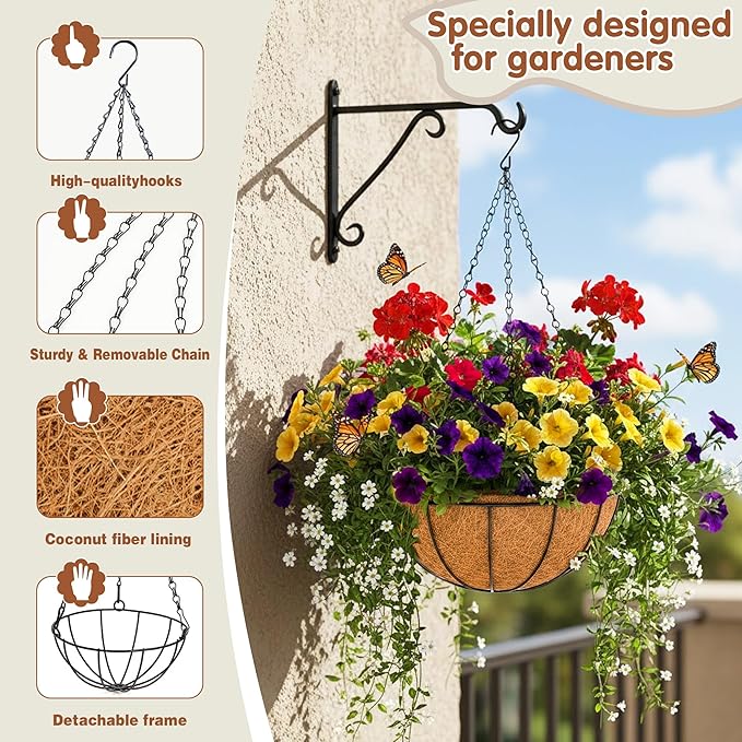 14 inch Metal Hanging Baskets For Plants Outdoor 4 Pack Round Metal Wire - Image 6