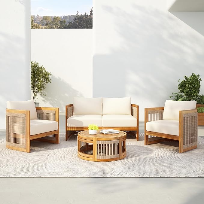 Merax 4-Piece Patio Premium Acacia Wood Outdoor Furniture Set, All Weather by Merax