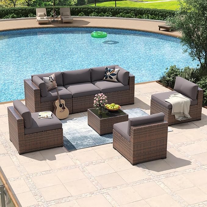 Aoxun 7 Piece Patio Furniture Set Wicker Rattan Patio Conversation Set Outdoor - Image 3