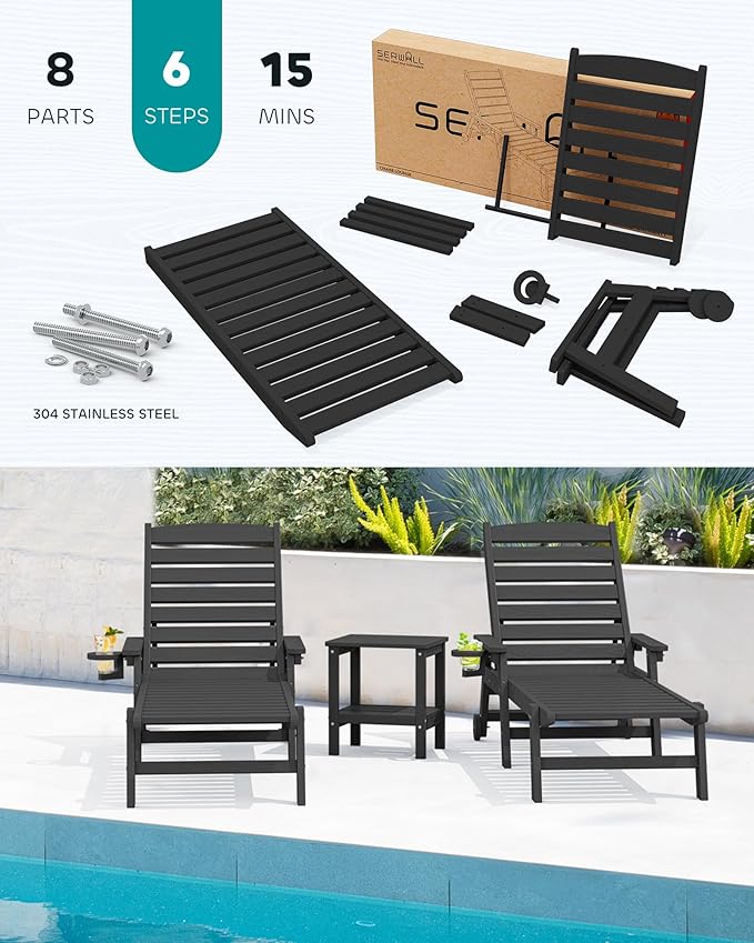 SERWALL Patio Chaise Lounge Chair, Poly Lounge Chair - Image 6