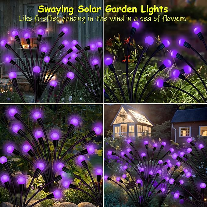 Kohlrabi Solar Garden Lights Outdoor, 6 Pack 60 LED Solar Purple Firefly Lights - Image 4