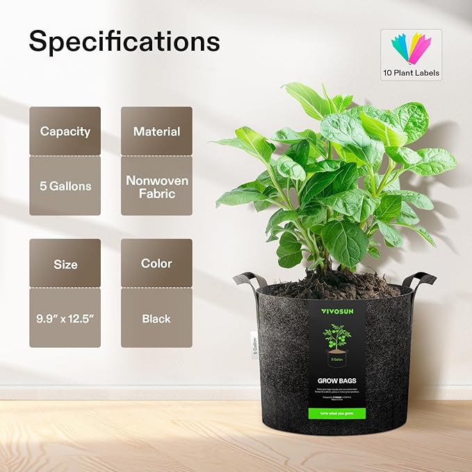 VIVOSUN 5-Pack 5 Gallon Grow Bags Heavy Duty 300G Thickened Nonwoven Plant - Image 6