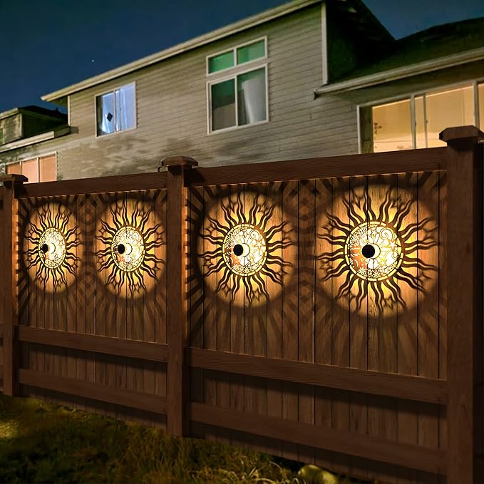 2 Pack Solar Fence Lights Metal Solar Powered Outdoor Wall Deck Lights Sun Moon - Image 3
