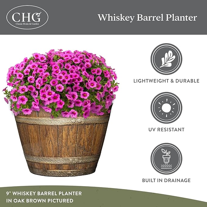 Classic Home and Garden Outdoor Round Whiskey Resin Flower Pot Barrel Planter - Image 4