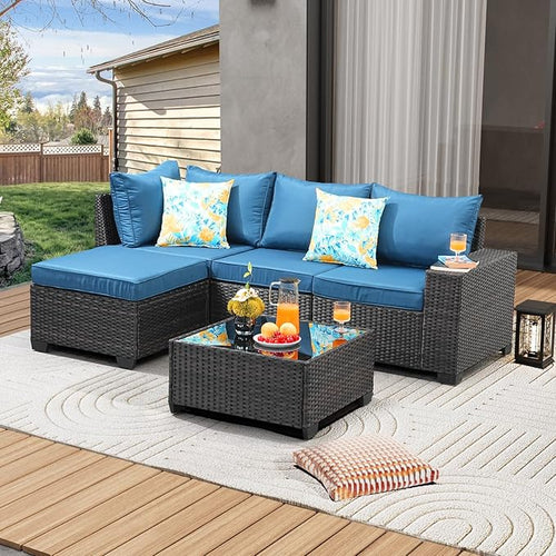 5 Pieces Patio Furniture Set All-Weather Outdoor Wicker Sectional Conversation by JOYURE