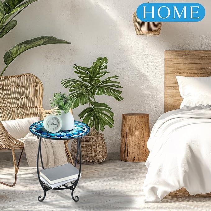 Outdoor Side Table Round Small Mosaic Patio Accent Indoor End Plant Coffee Tea - Image 7