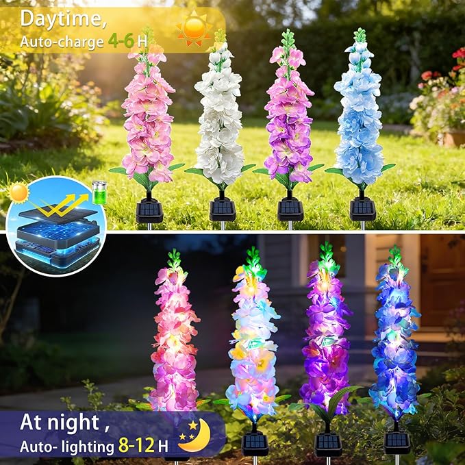 Solar Garden Lights, 6 Pack 20 LEDs Solar Delphinium Flowers Lights Gifts - Image 4