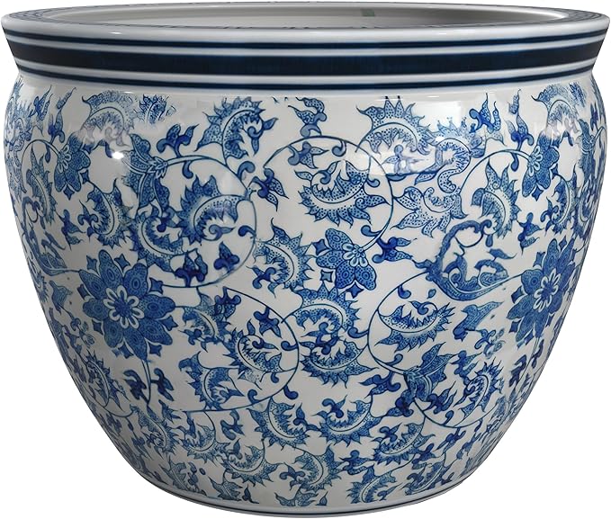 Red Lantern 12" Floral Blue & White Porcelain Fishbowl Planter or Cachepot - Image 7