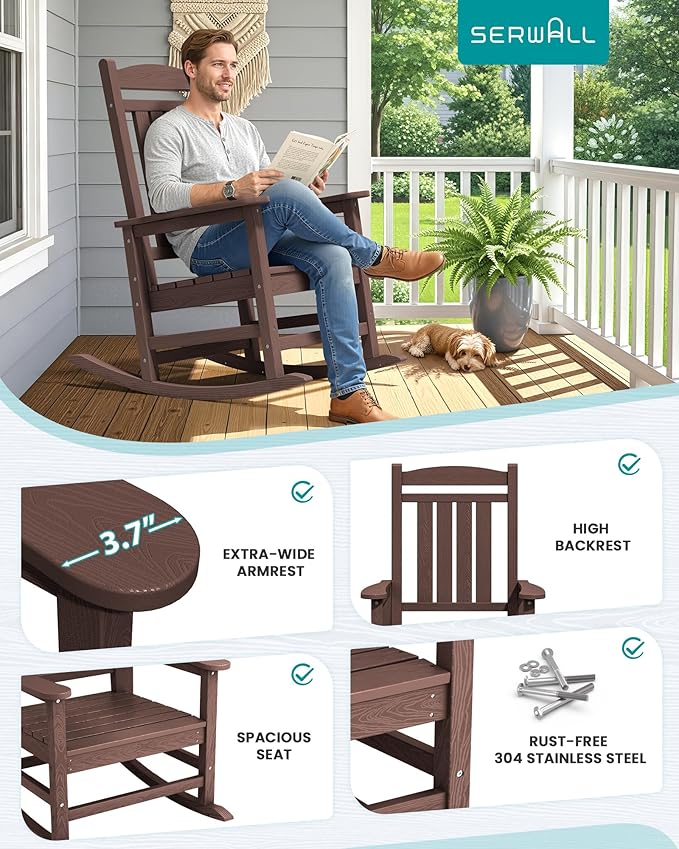 SERWALL Oversized Outdoor Rocking Chair, All-Weather Patio Rocking Chair - Image 9