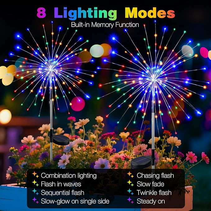 btfarm 2 Pack Solar Garden Lights Outdoor 8 Modes, 120 LED Firework Lights - Image 2