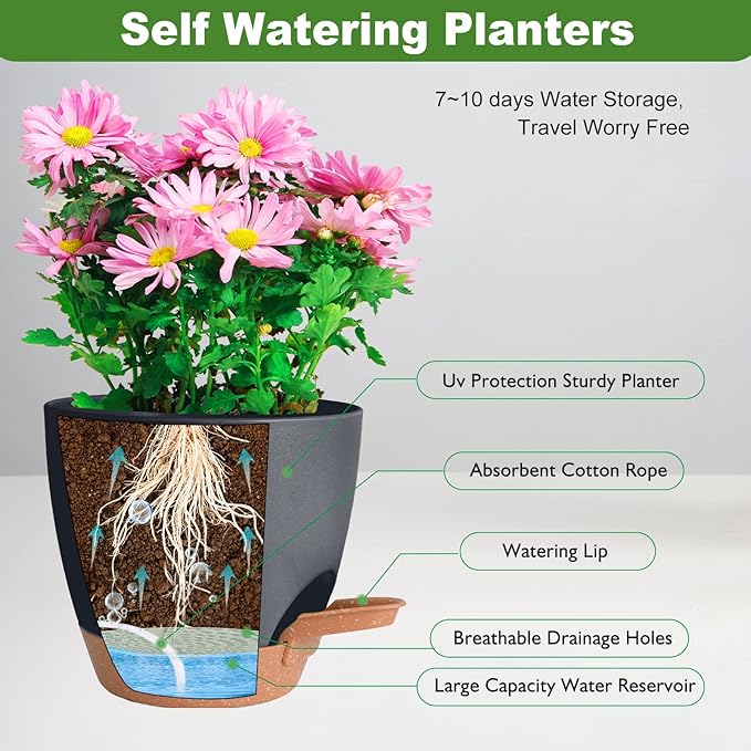 Plant Pots Pack of 5, 7/6.5/6/5.5/5 Inch Self Watering Planters - Image 3