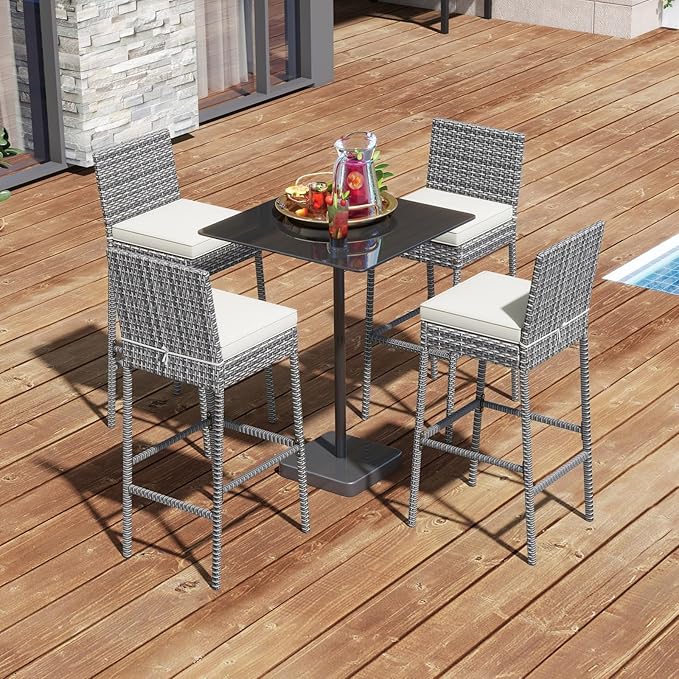 HAPPYGRILL Patio Wicker Barstools Set of 4, Outdoor Bar Height Chair w/Soft - Image 5