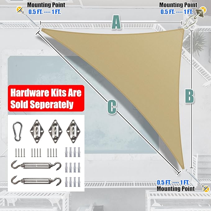 Amgo 12' x 12' x 17' Beige Right Triangle Sun Shade Sail UPF50+ Canopy Awning - Image 7