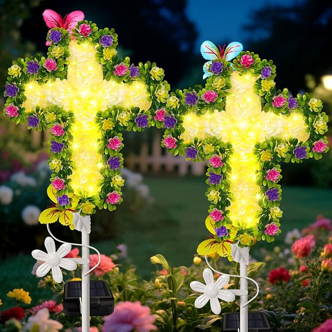 2 Pack Solar Flower Cross for Cemetery Grave, Grave Decorations for Cemetery by YJFWAL