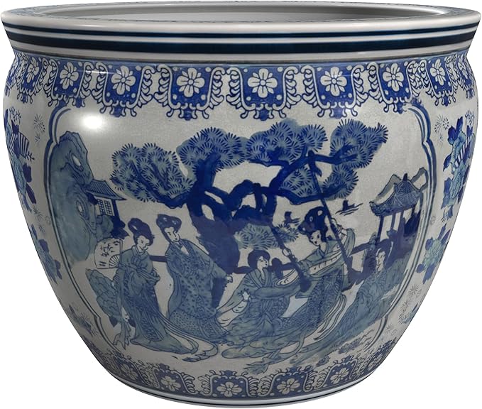 Red Lantern Large 20" Ladies Blue & White Porcelain Fishbowl Planter or Cachepot by RedLantern