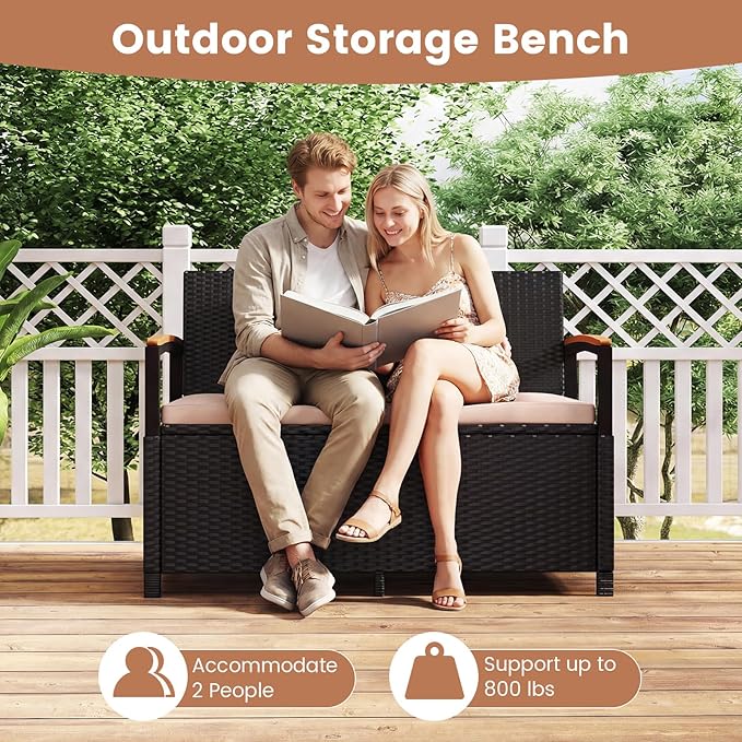 RELAX4LIFE Wicker Outdoor Storage Bench, Rattan Deck Box w/Protective Liner - Image 7