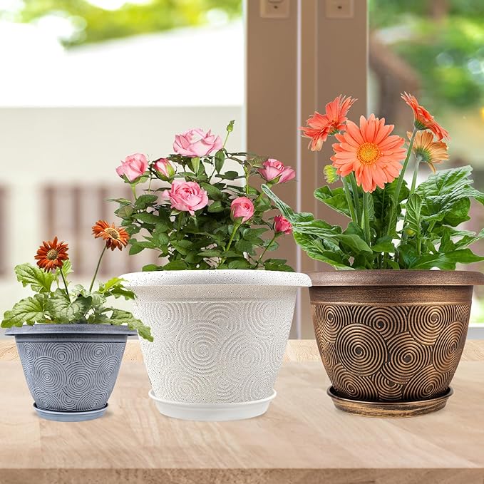 10 Inch Flower Pots Planters for Indoor Outdoor Plants, 3 Pack Plastic Large - Image 2