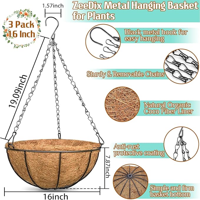 ZeeDix 3 Pack 16 Inch Large Hanging Baskets - Image 2