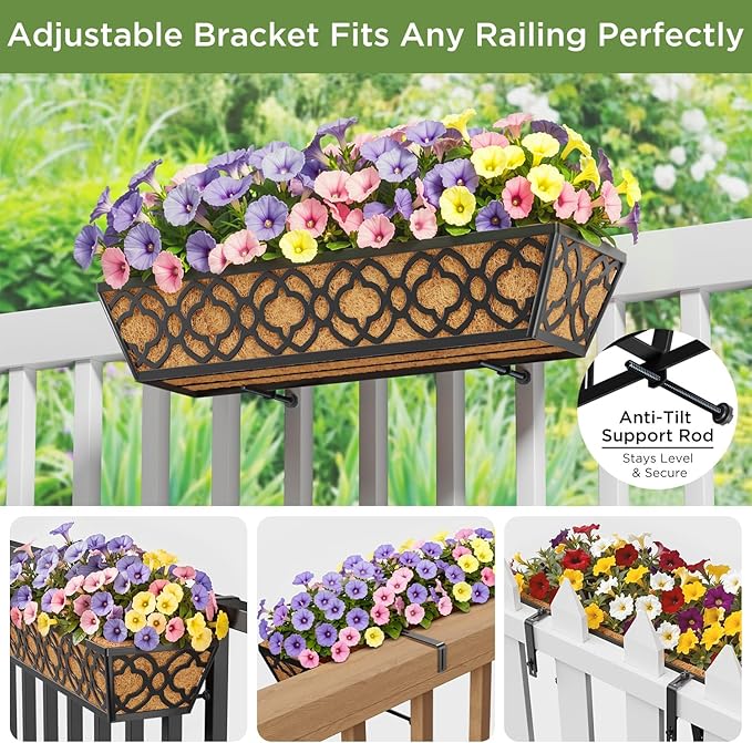 Y&M 24 Inch Window Deck with Coco Liner, Fence Metal Hanging Flower Planter - Image 2