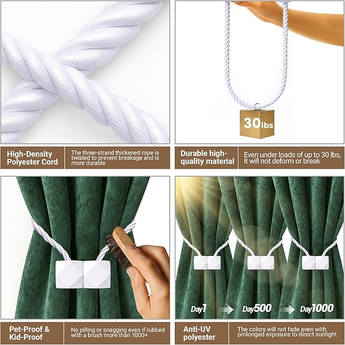 Hion Magnetic Curtain Tiebacks White 2pcs, Curtain Tiebacks Buckles Holdbacks - Image 3