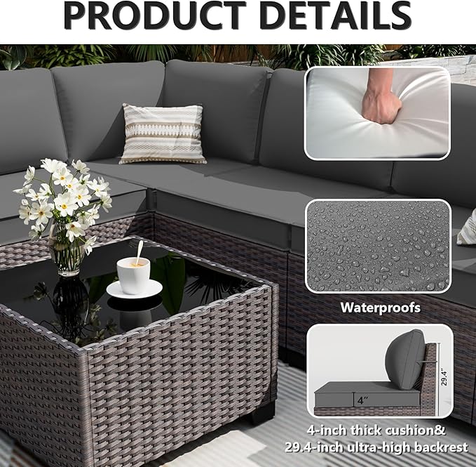 ALAULM 6 Pieces Patio Furniture Set, Oversized Seat/Armrest and High Back - Image 5