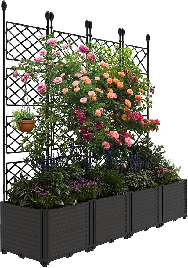 4 PCS Raised Garden Bed with Trellis, Patio Privacy Screen & Balcony Garden by MegaChoice