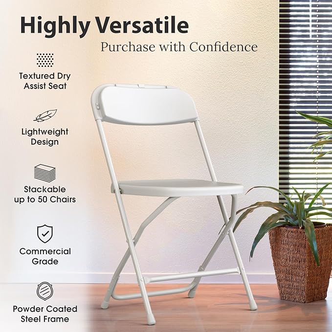 4 PACK White Foldable Plastic Chair | Folding & Stackable | 350 lbs Capacity - Image 3