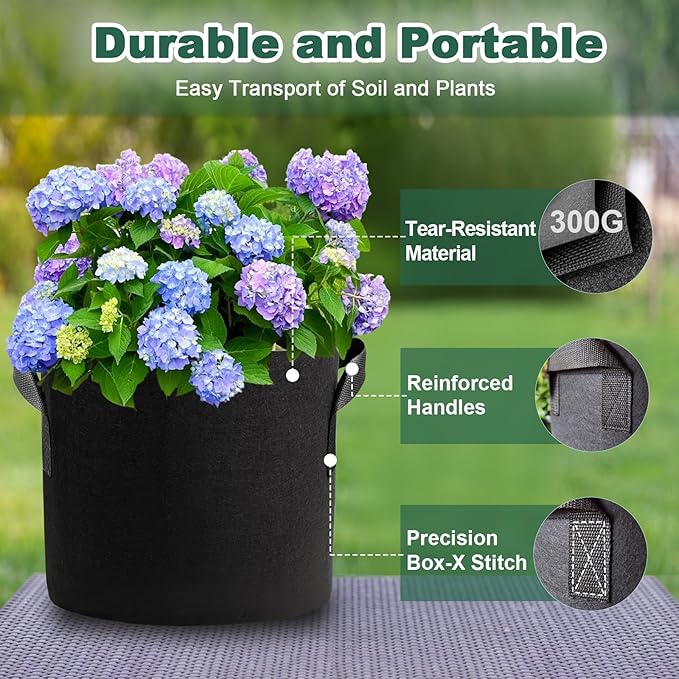 5 Pack 15 Gallon Grow Bags, Thickened Aeration Nonwoven Fabric Planting Bags - Image 5