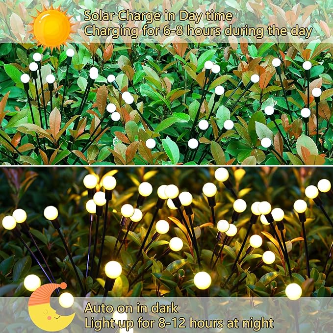 Solar Garden Lights Outdoor, 6 Pack 60 LED Solar Firefly Lights Waterproof - Image 2