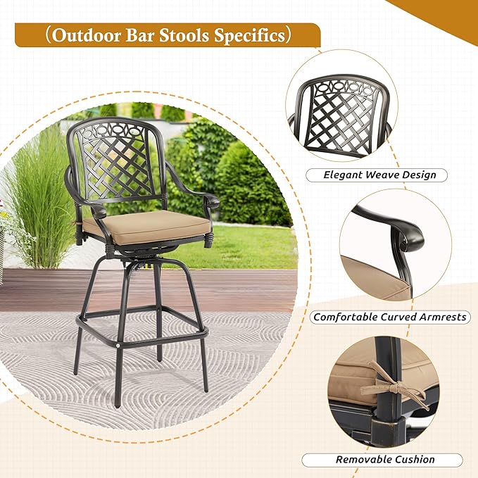 3-Piece Cast Aluminum Patio Bar Set, Outdoor Round High Top Table & 2 Swivel - Image 5