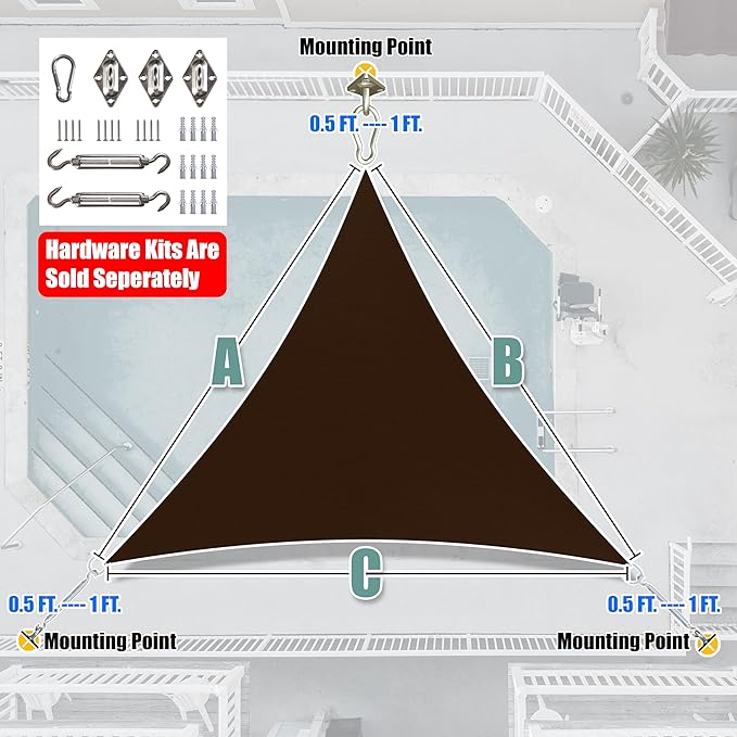 Amgo Custom Size 9' x 9' x 9' Brown Triangle Sun Shade Sail UPF50+ AGTAPRT12 - Image 8