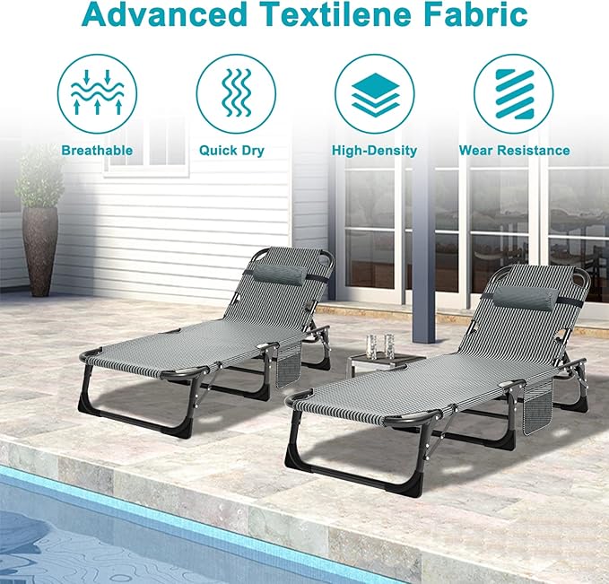 ABORON 2PK Heavy Duty Tanning Chair, 5-Gear Outdoor Folding Chaise Lounge Chair - Image 5