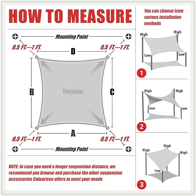 ColourTree TAPR1616 Custom Size 8' x 13' Black Sun Shade Sail Canopy UV Block - Image 6
