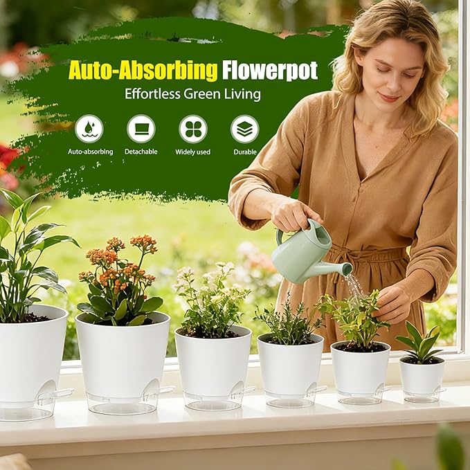 Plant Pots 4/5/5.5/6/6.5/7/8 Inch Self Watering Pots, 7 Pack Plastic Planters - Image 2