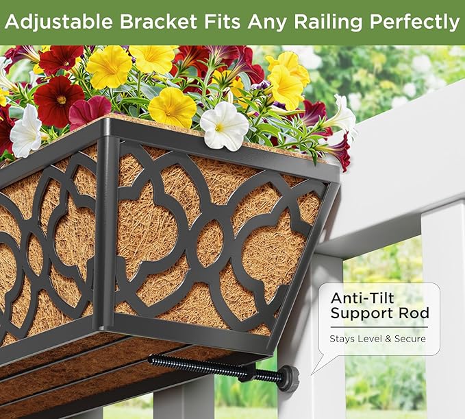 Y&M 24 Inch Window Deck with Coco Liner, Fence Metal Hanging Flower Planter - Image 7