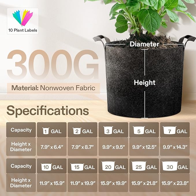 VIVOSUN 5-Pack 5 Gallon Grow Bags Heavy Duty 300G Thickened Nonwoven Plant - Image 8