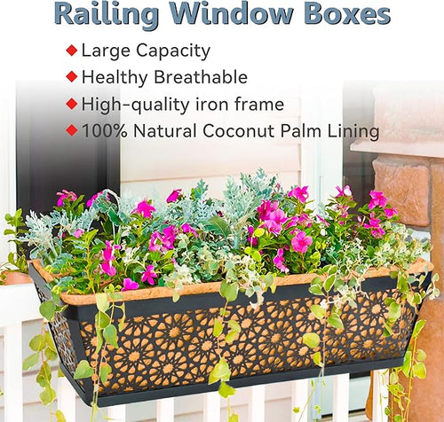 2 Pack 30" Railing Planter Window Box Deck Balcony Rail Planters Black Metal - Image 2