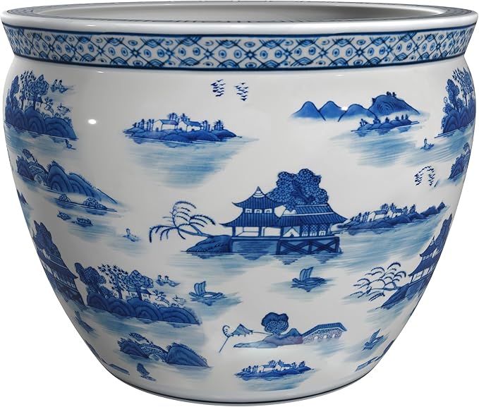 Red Lantern 12" Landscape Blue & White Porcelain Fishbowl Planter or Cachepot - Image 7