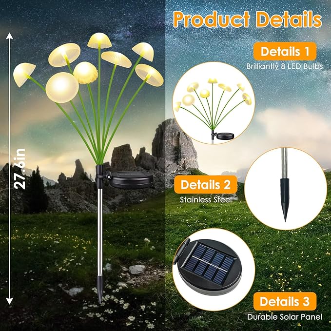 2PK 16LED Solar Garden Lights Outdoor, Mushroom Solar Lights Outdoor, IP65 - Image 3