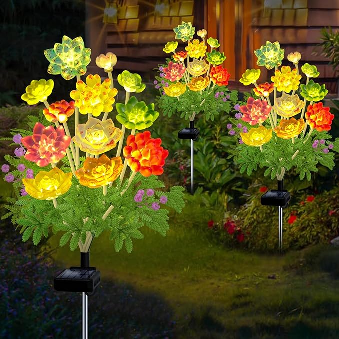 Kohlrabi Solar Garden Lights Outdoor, Upgraded 4 Pack Succulent Solar Lights - Image 7