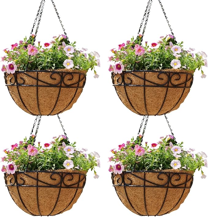 4 Pack 12 Inch Hanging Baskets for Plants Outdoor Metal Hanging Planter Hanging by Qusuxi